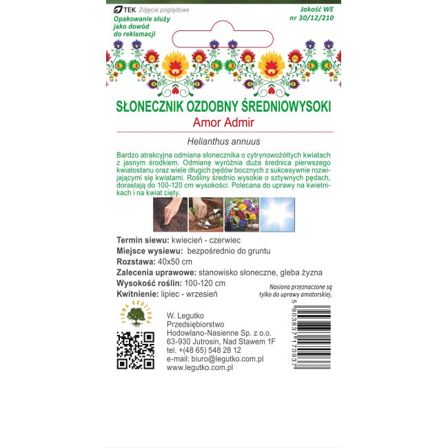 Słonecznik Amor Admir cytrynowo-żółty z jasnym środkiem 2g - Nasiona - W. Legutko