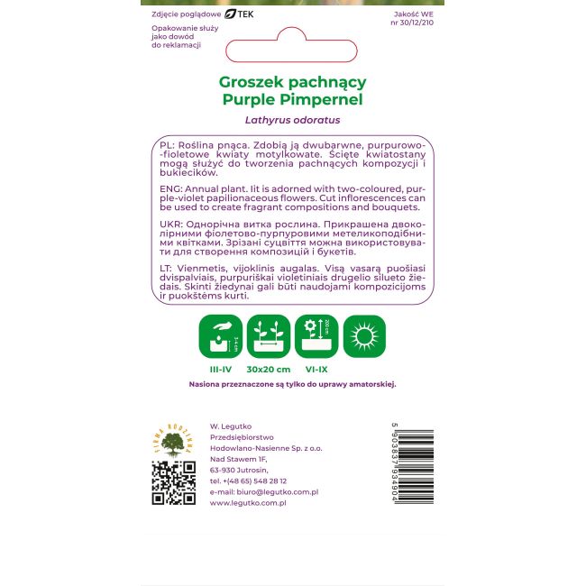 Groszek pachnący Purple Pimpernel 3g - Nasiona - W. Legutko