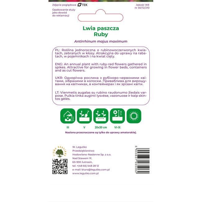 Lwia paszcza Ruby czerwona 0,6g - Nasiona - W. Legutko