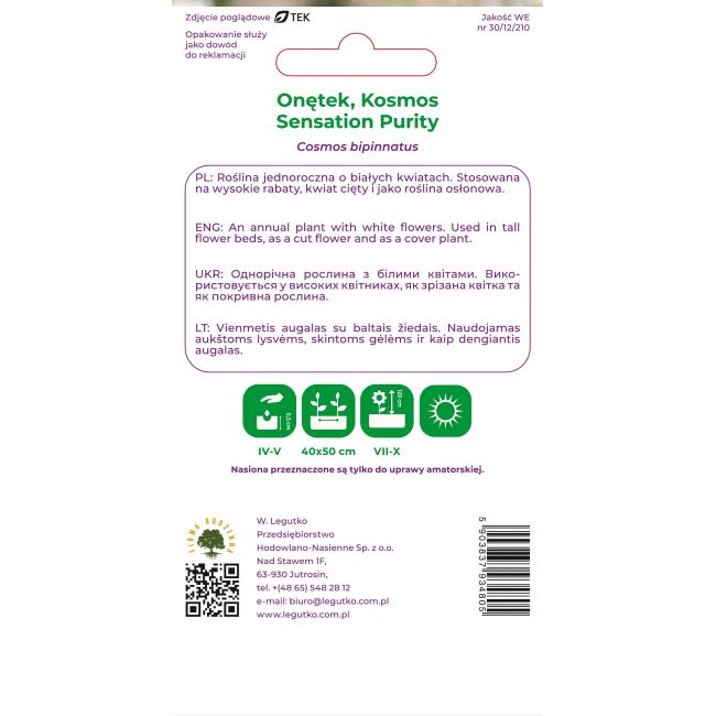 Onętek, Kosmos Sensation Purity biały 1g - Nasiona - W. Legutko