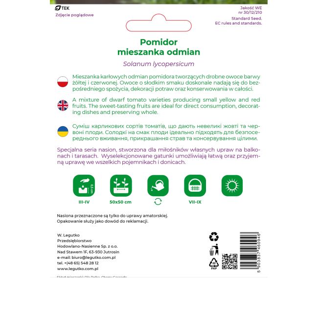 Pomidor mieszanka odmian typu cherry 0,3g na balkon i taras - Nasiona - W. Legutko