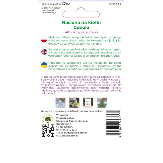 Nasiona na kiełki cebula 10g - Nasiona - W. Legutko