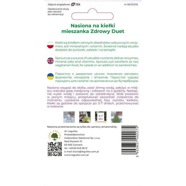 Nasiona na kiełki mieszanka Zdrowy Duet 20g - Nasiona - W. Legutko