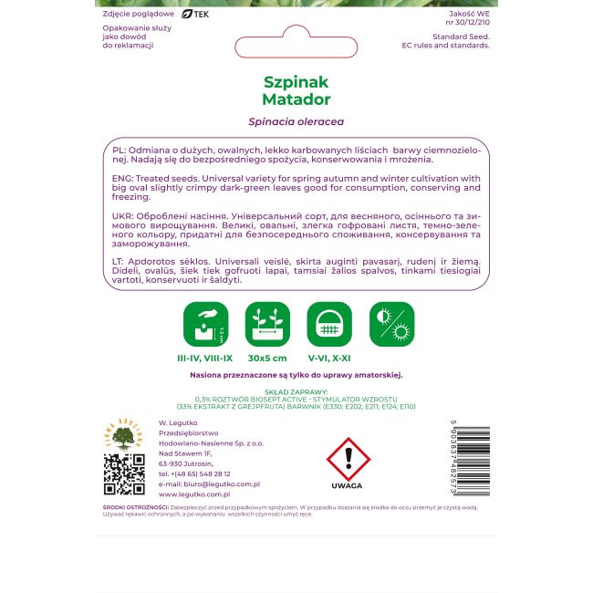 Szpinak Matador 20g nasiona zaprawiane - Nasiona - W. Legutko