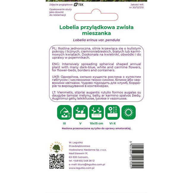 Lobelia przylądkowa zwisła mieszanka 0.20g - Nasiona - W. Legutko