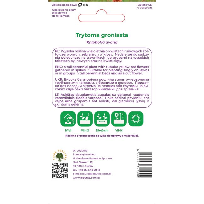 Trytoma groniasta czerwono-żółta 0.20g - Nasiona - W. Legutko
