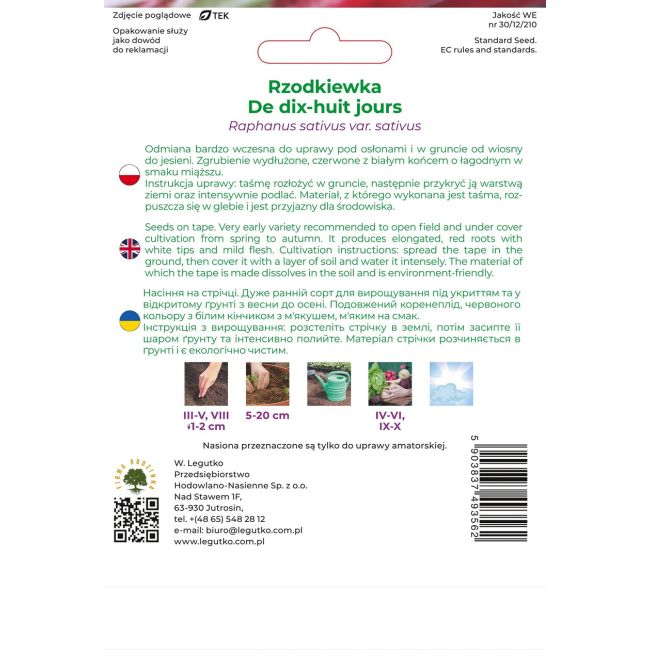 Rzodkiewka De dixhuit jours 7m taśma - Nasiona - W. Legutko