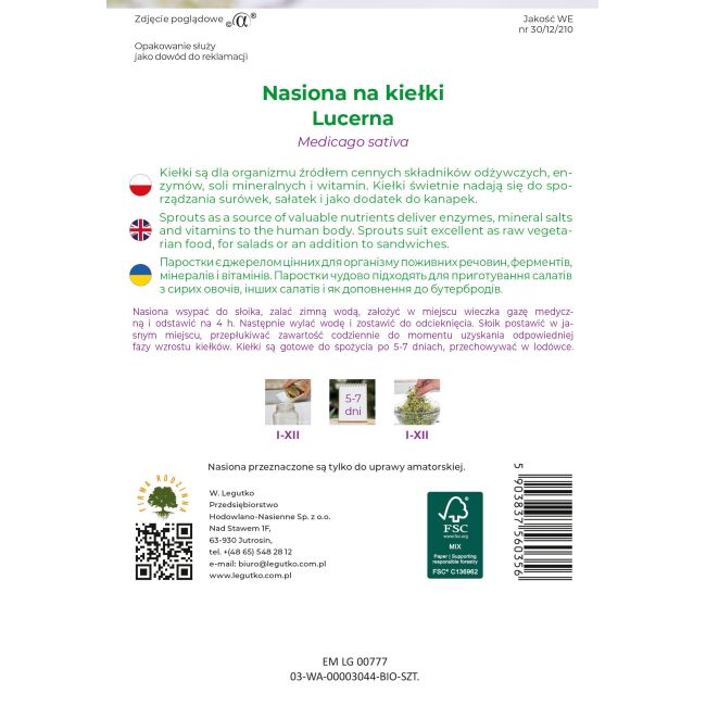 Nasiona na kiełki BIO lucerna 20g - Nasiona - W. Legutko