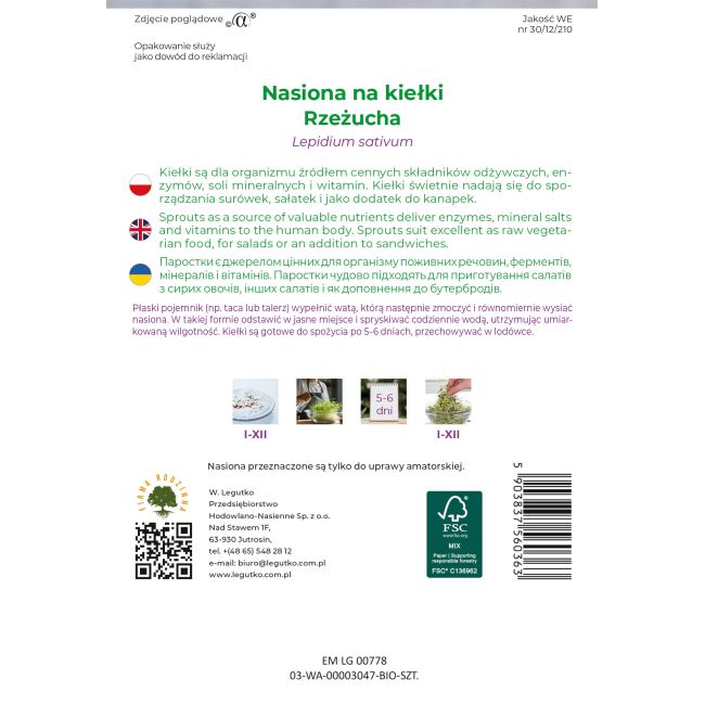 Nasiona na kiełki BIO rzeżucha 30g - Nasiona - W. Legutko