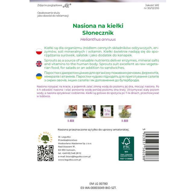 Nasiona na kiełki BIO słonecznik 40g - Nasiona - W. Legutko