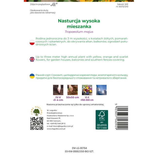 Nasturcja wysoka BIO mieszanka 3g - Nasiona - W. Legutko