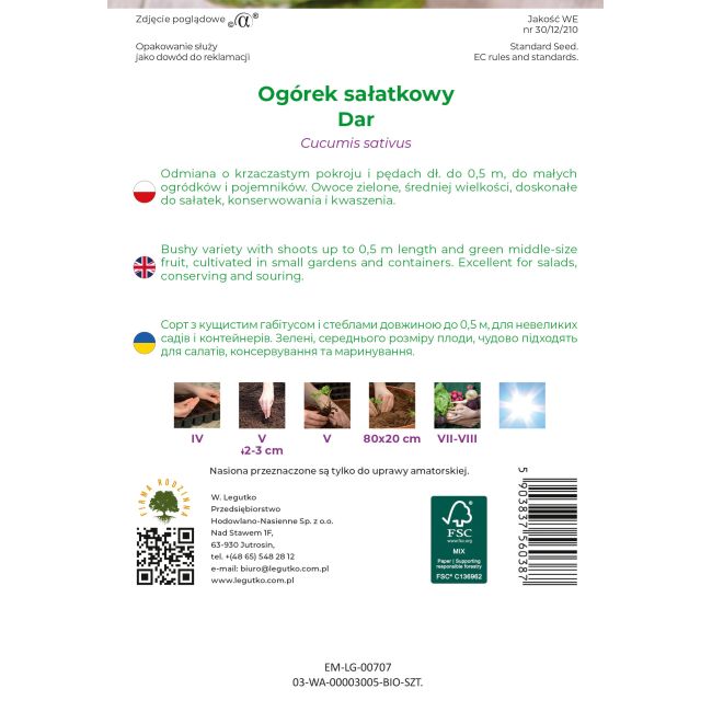 Ogórek BIO Dar 2g - Nasiona - W. Legutko