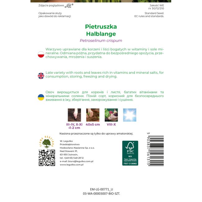 Pietruszka BIO Halblange 3g - Nasiona - W. Legutko