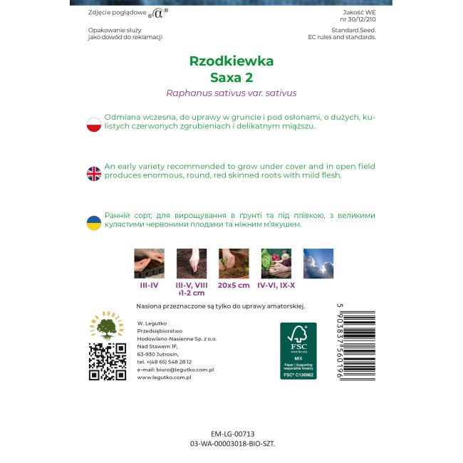 Rzodkiewka BIO Saxa 2 5g - Nasiona - W. Legutko