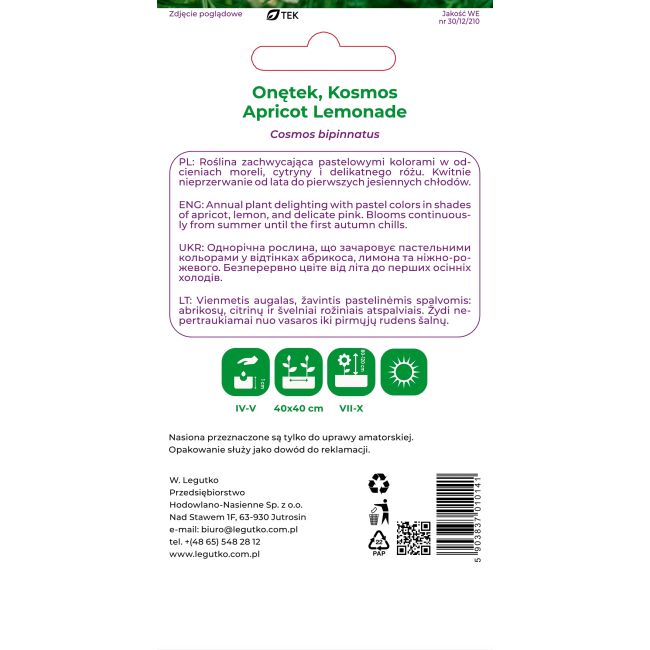 Onętek, Kosmos Apricot Lemonade łososiowa 1.00g - Nasiona - W. Legutko
