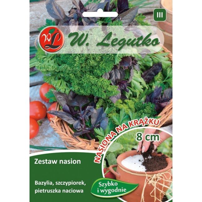 Zestaw nasion: bazylia, szczypiorek, pietruszka naciowa o liściach gładkich i kędzierzawych - krążek - 3szt. - Nasiona - W. Legutko