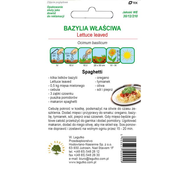 Kuchnie Świata - Bazylia właściwa - Lettuce leaved - Nasiona - W. Legutko