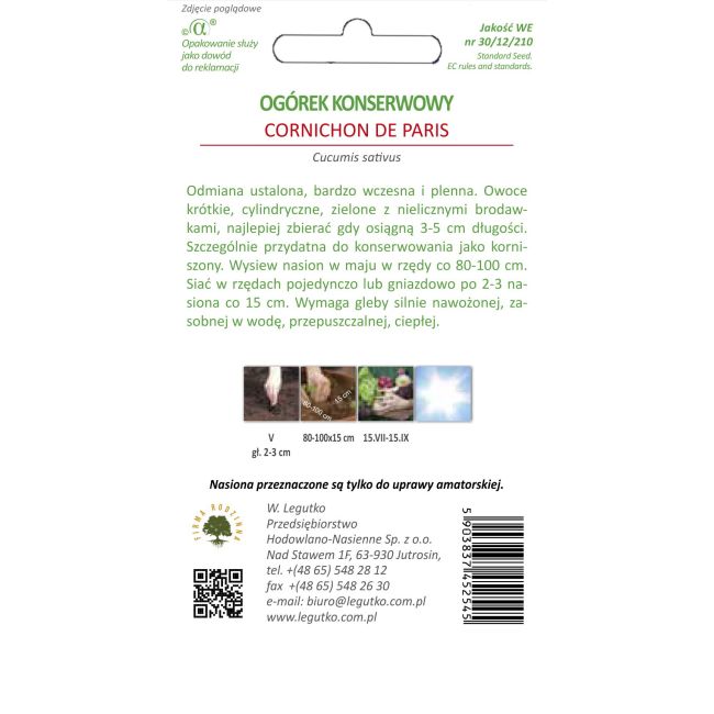 Ogórek gruntowy korniszonowy - Cornichon de Paris - Nasiona - W. Legutko