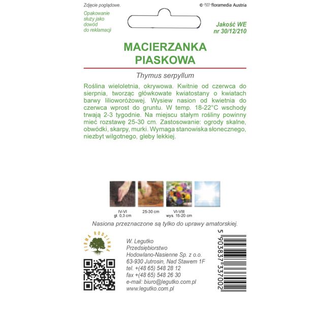 Macierzanka piaskowa - lilaróżowa - Nasiona - W. Legutko