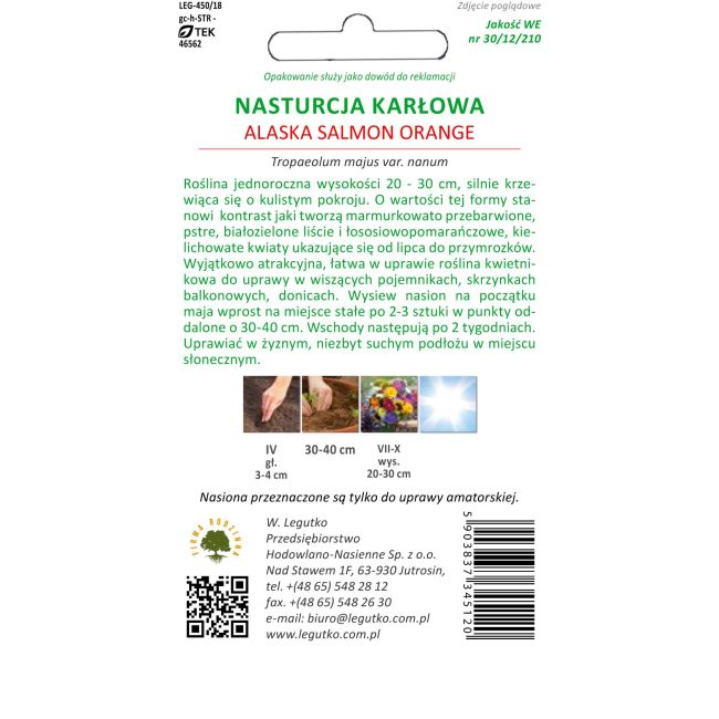 Nasturcja niska - Alaska Salmon Orange - Nasiona - W. Legutko