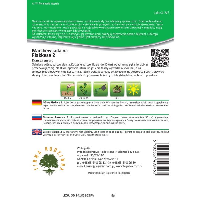 Marchew - jadalna - Flakkese 2 - taśma 7m - Nasiona - W. Legutko