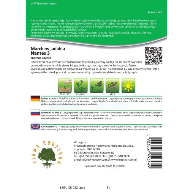 Marchew - jadalna - Nantes 3 - taśma 7m - Nasiona - W. Legutko