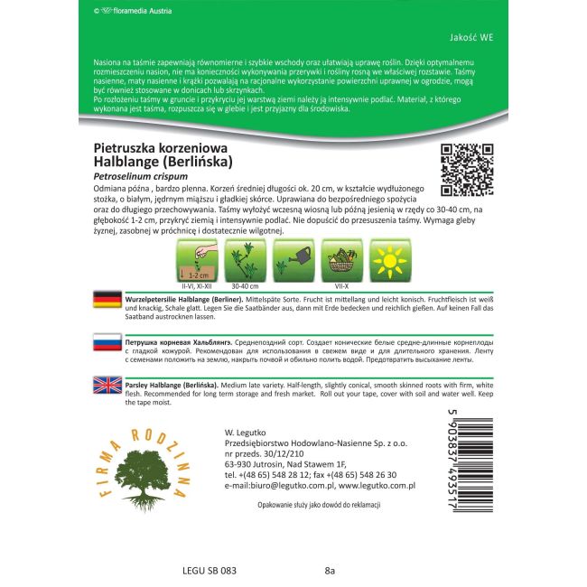 Pietruszka korzeniowa - Halblange - taśma 7m - Nasiona - W. Legutko