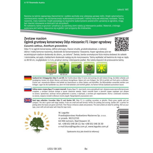 Zestaw nasion: ogórek gruntowy Odys F1 i koper ogrodowy - taśma 6m - Nasiona - W. Legutko