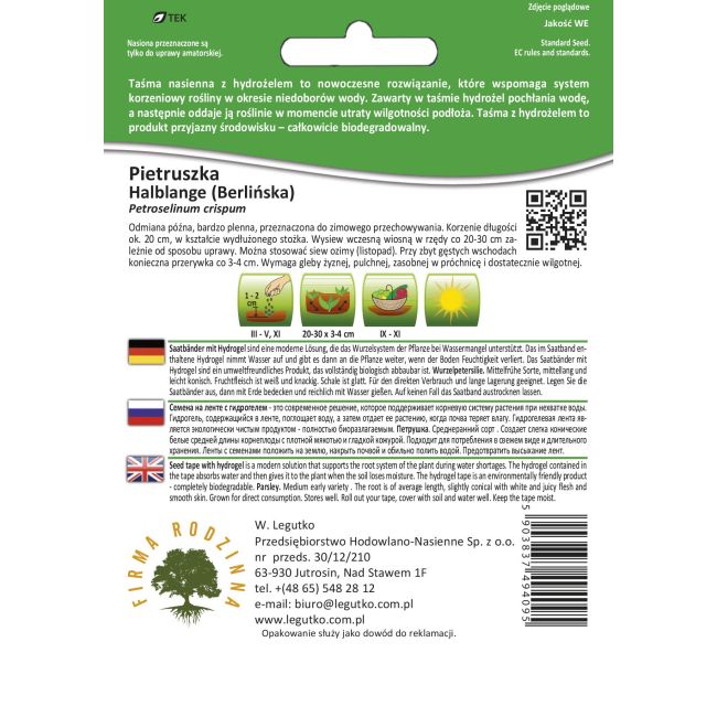 Pietruszka korzeniowa z hydrożelem - Halblange - taśma 6m - Nasiona - W. Legutko